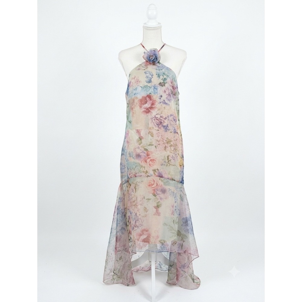 Amanda Uprichard Floral Halter Maxi Dress Pastel Watercolor 3D Flower Large